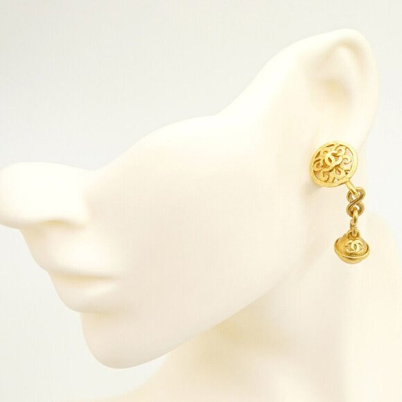 CHANEL CC Logos Filigree bell Dangle Earrings Gold Tone 95P Auth w/Box #2100 - Picture 2 of 6